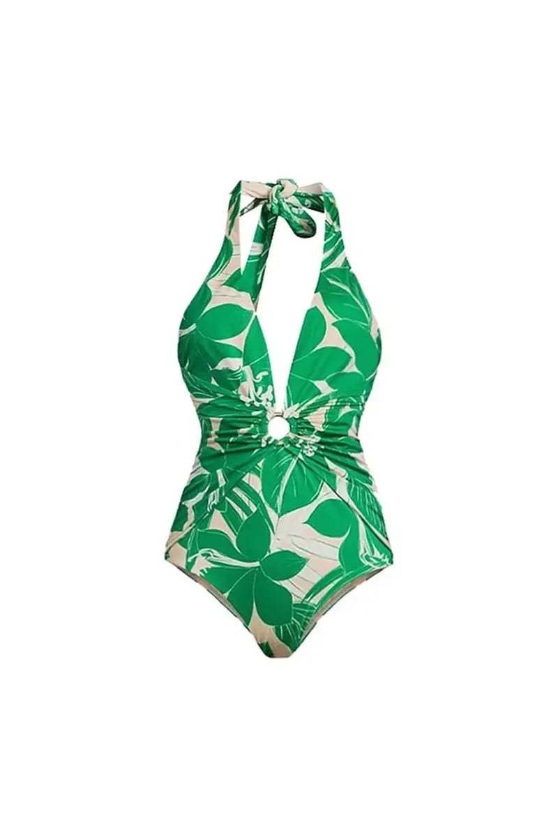 Green Halter Deep V One-Piece Swimwear Set