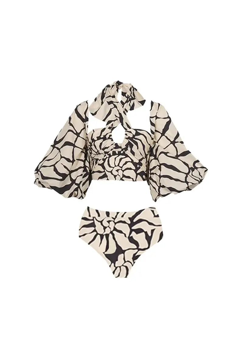 Halter Patterned Swimwear Set with Detachable Sleeves