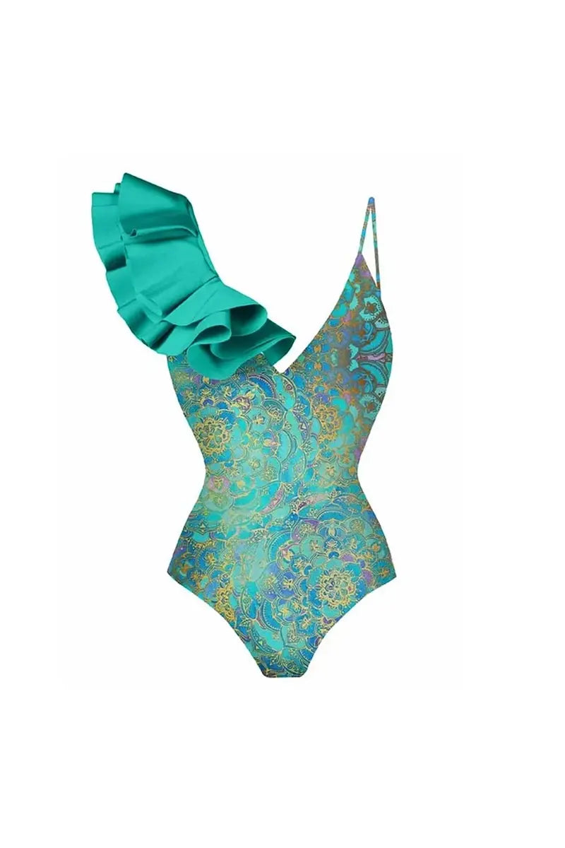 Boho Ruffled Print One Piece Swimwear Set