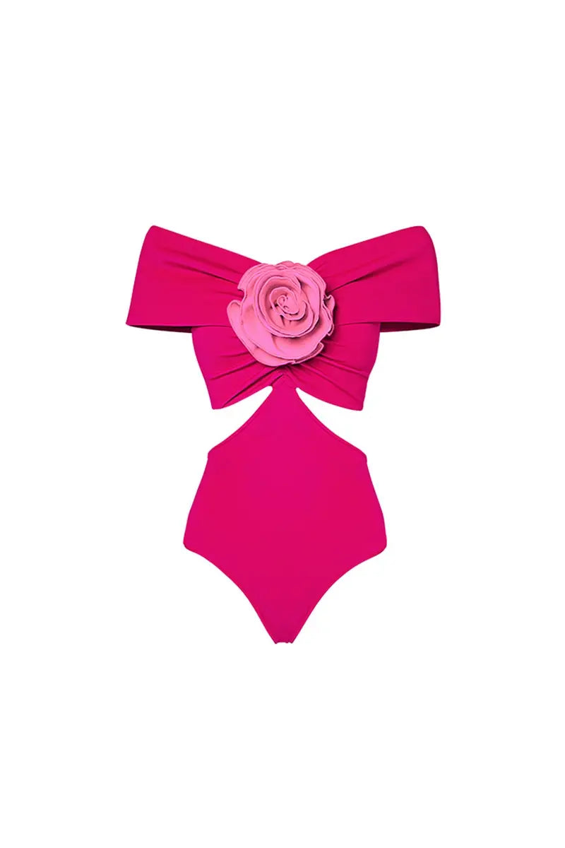 Flower Applique Cut-Out One Piece Swimwear Set