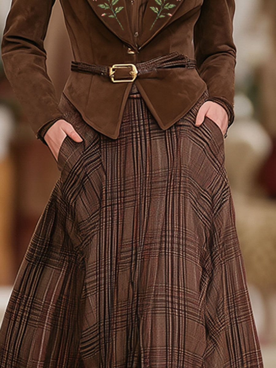 Modern Retro Brown Plaid Double Pocket Elastic Waist Skirt
