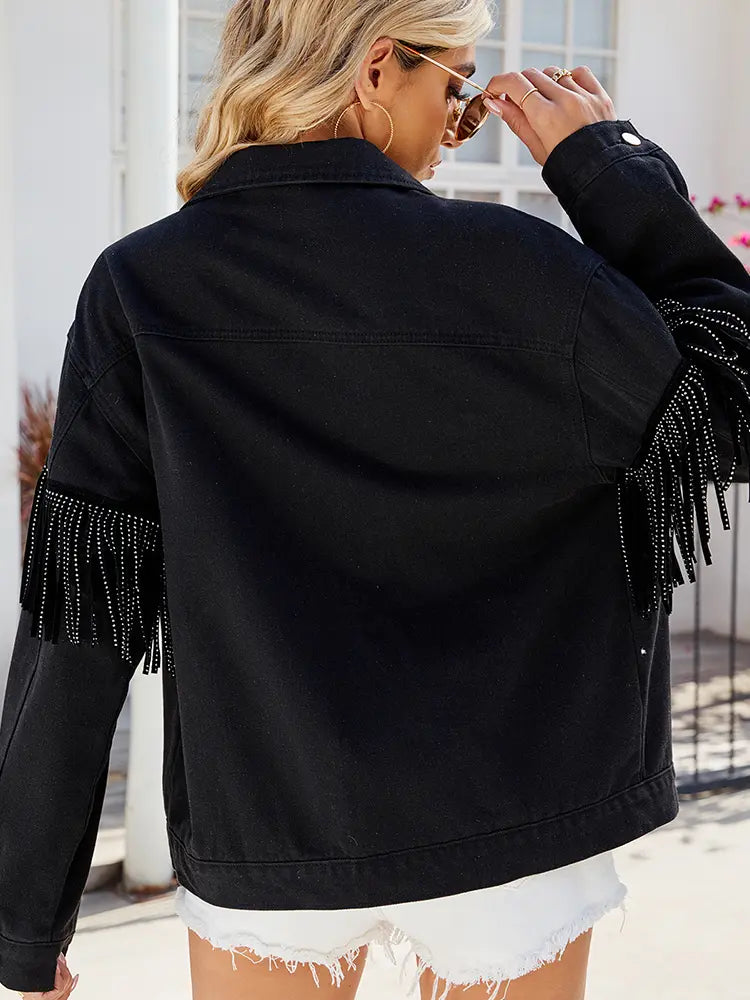 Denim Jacket with Studs, Fringe and Button Closure