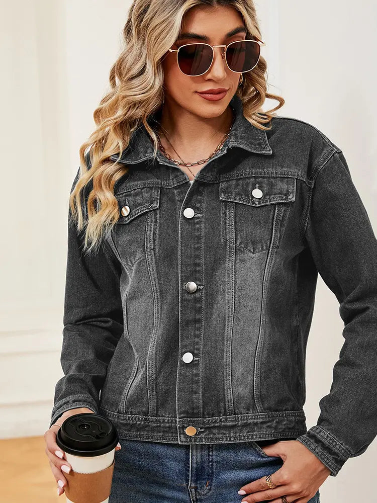 Washed Denim Jacket with Button Closure, Pockets and Long Sleeves