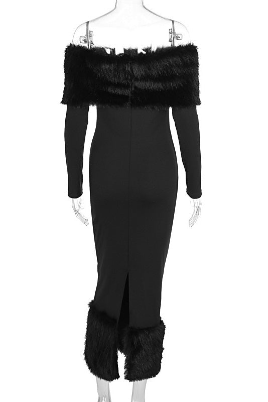 Refined One-Shoulder Fur Collar Slim Midi Dresses