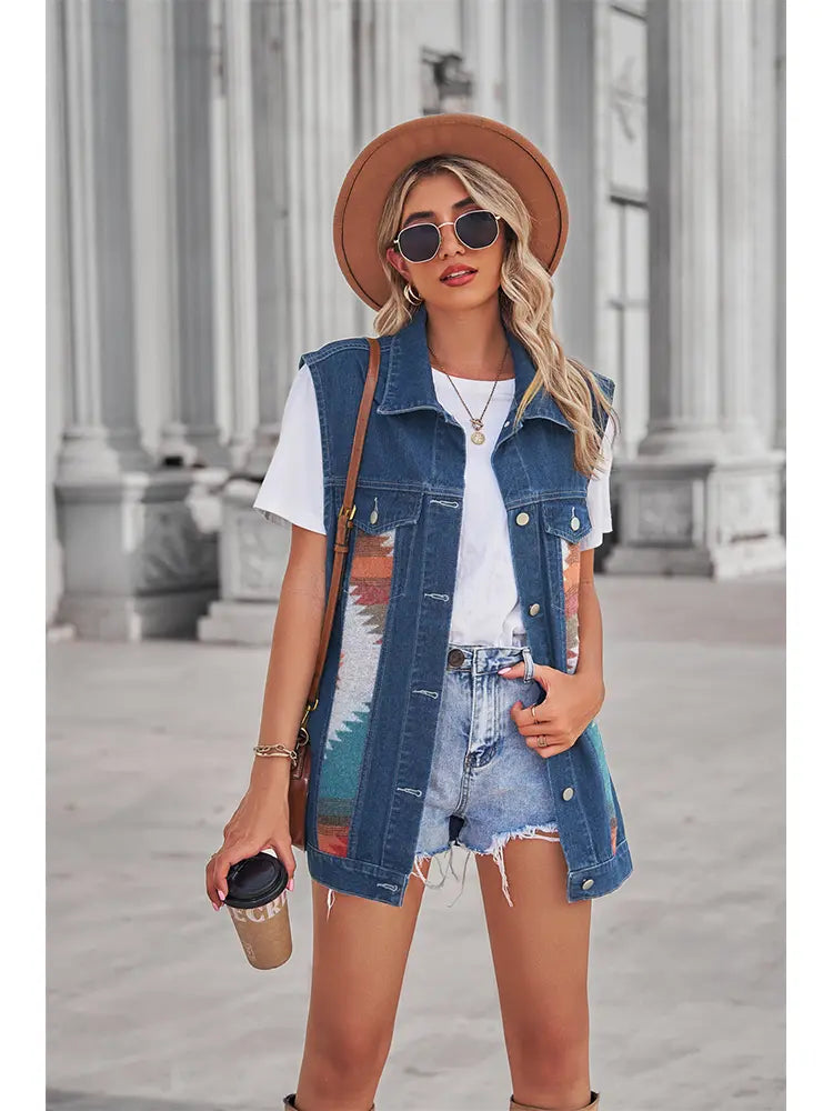Denim Vest with Patchwork, Geometric Pattern and Button Closure