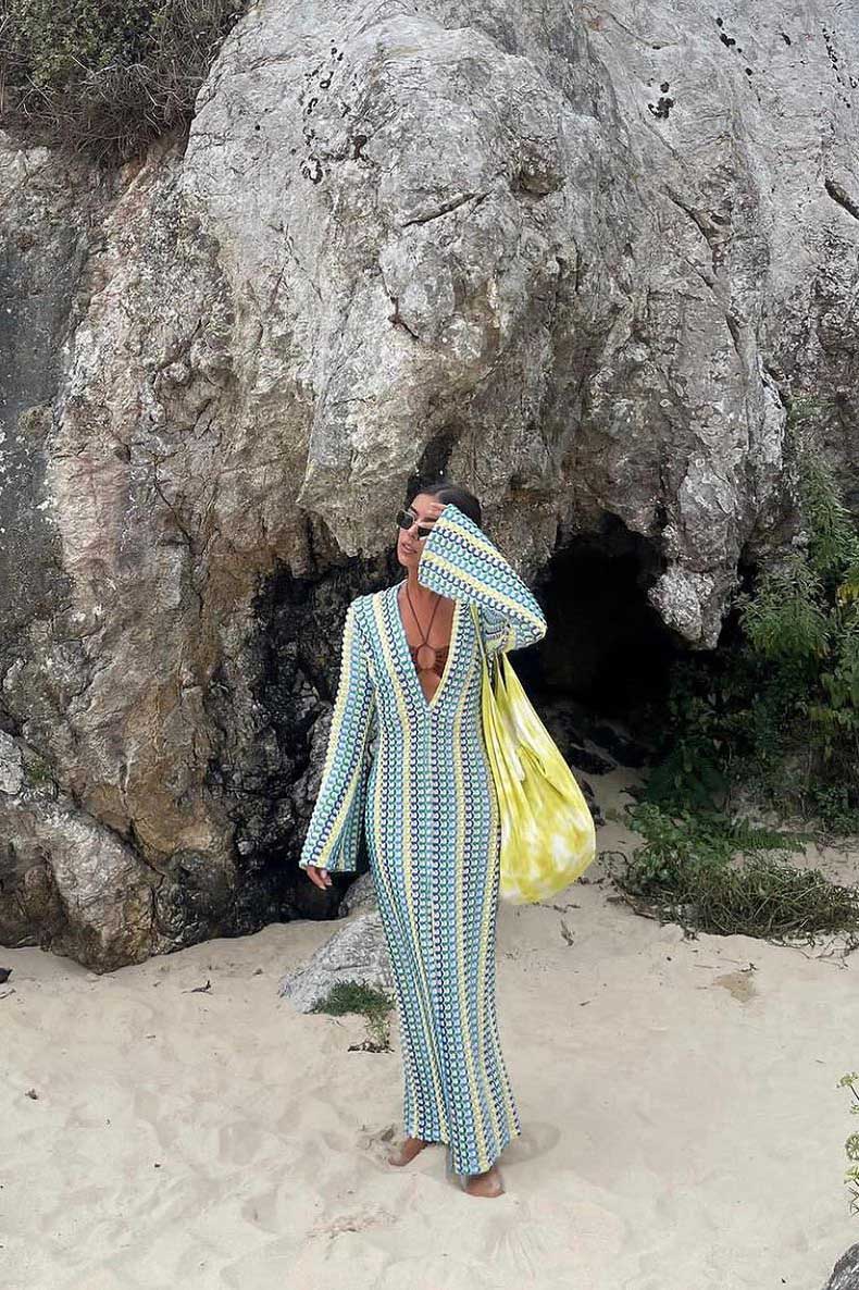 Boho V-Neck Bell Sleeve Wavy Striped Crochet Beach Vacation Maxi-Length Dress