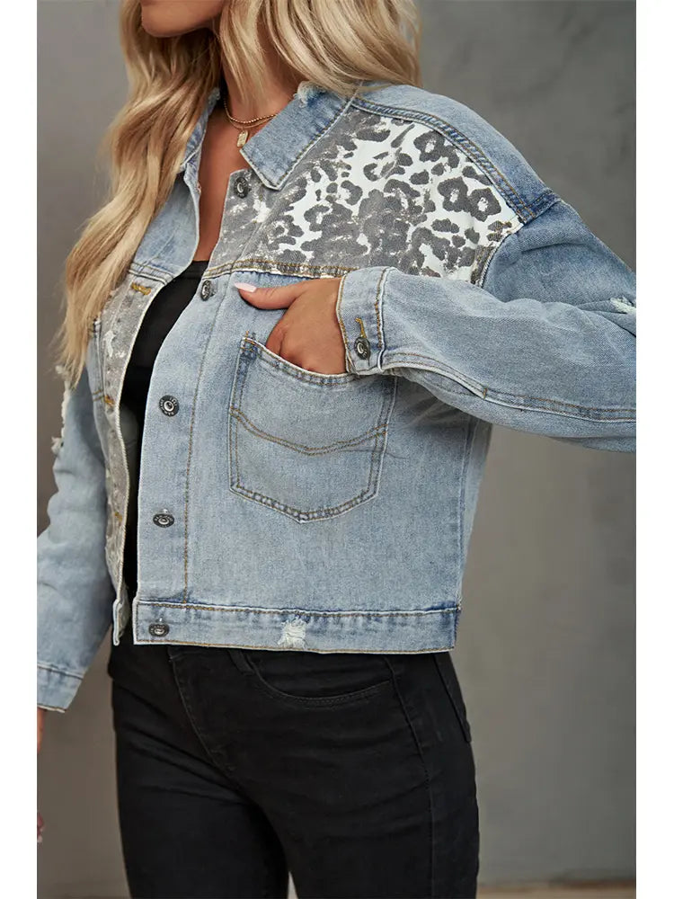 Washed Denim Jacket with Leopard Print and Patchwork