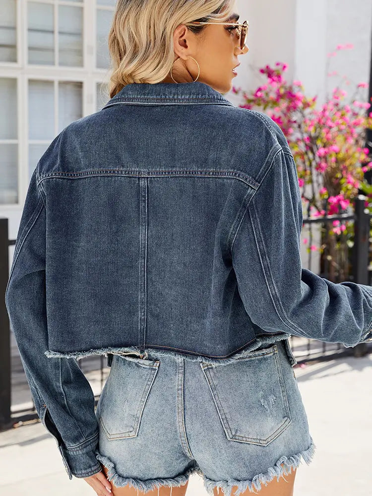 Cropped, Lightweight Denim Jacket with Button Closure