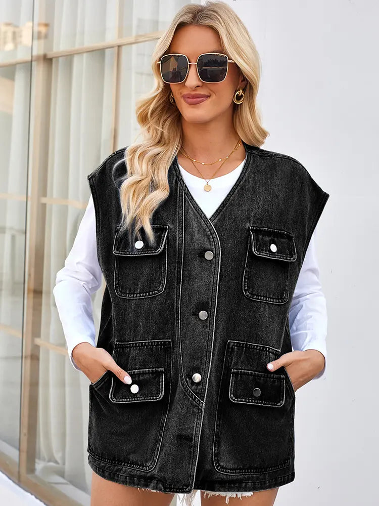 Washed Denim Vest with Button Closure and Multiple Pockets