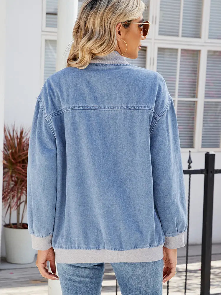 Lightweight Denim Jacket with Zipper and Relaxed Fit