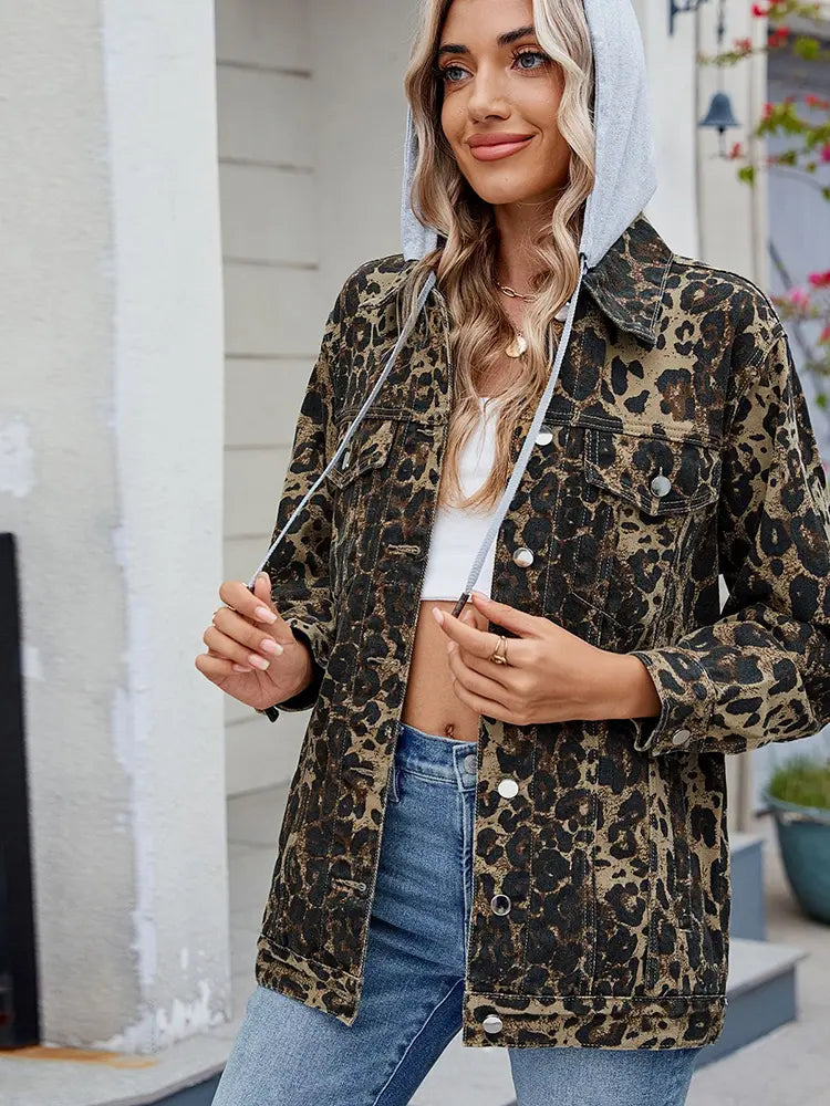 Denim Jacket with Hood, Button Closure and Relaxed Fit