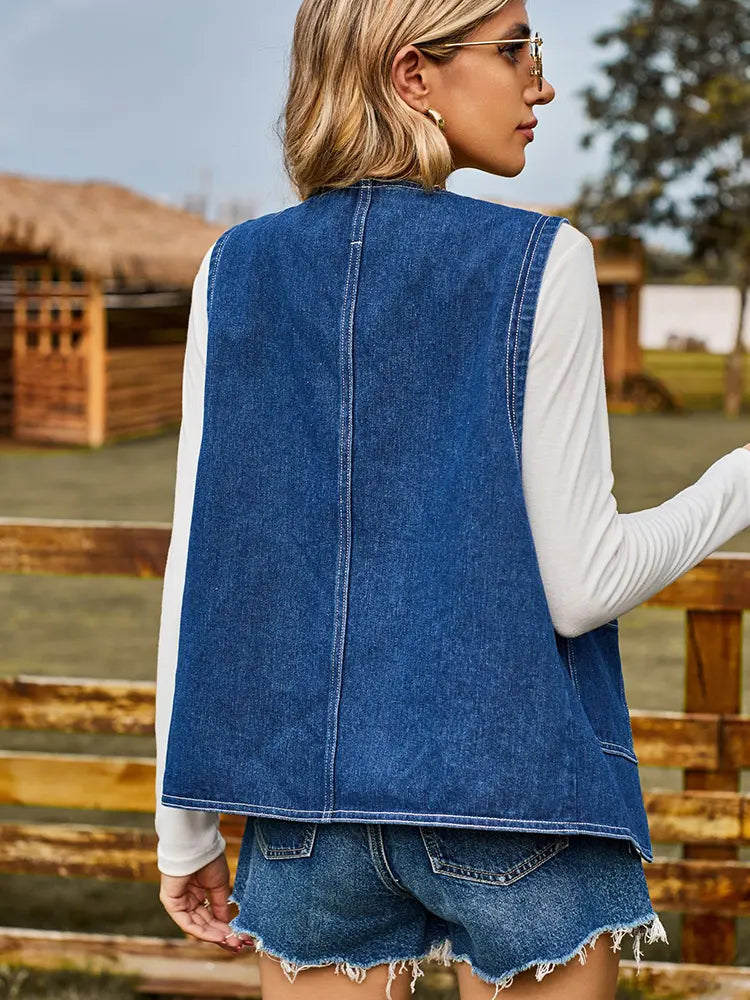 Washed Denim Vest with a Fitted Cut and Lapel Collar