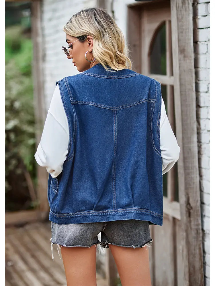 Denim Vest with Button Closure, Relaxed Fit and Sleeveless Cut