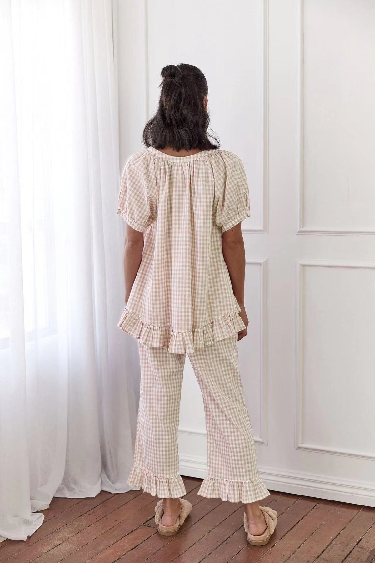 Relaxed Ruffled Plaid Print Shirt Pajama Set