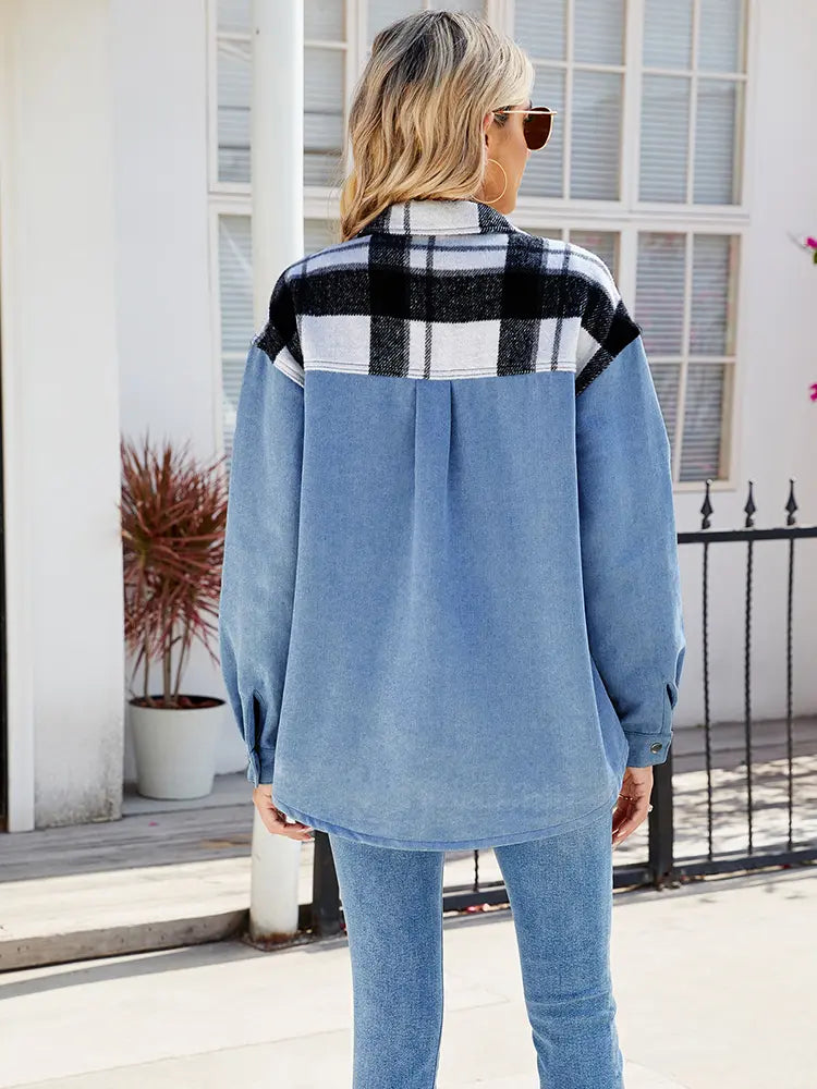 Oversized Washed Denim Jacket with Plaid