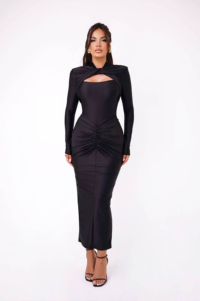 Long Sleeve Slim Fitted Party Midi-Length Dress