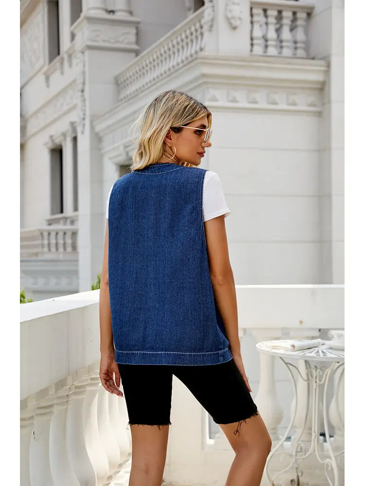 Washed Denim Vest with Pockets, Relaxed Fit and Sleeveless Cut
