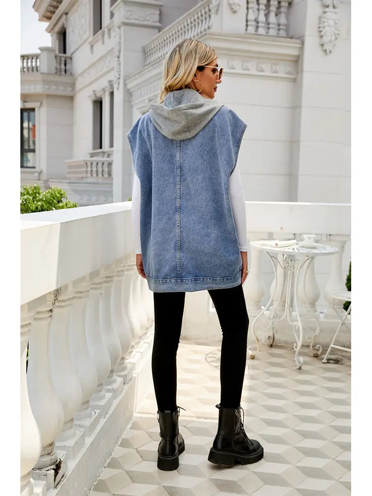 Denim Vest with Hood and Button Closure