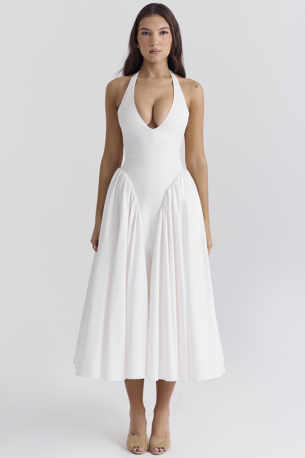 Modern White Cotton Halter Midi Sundress