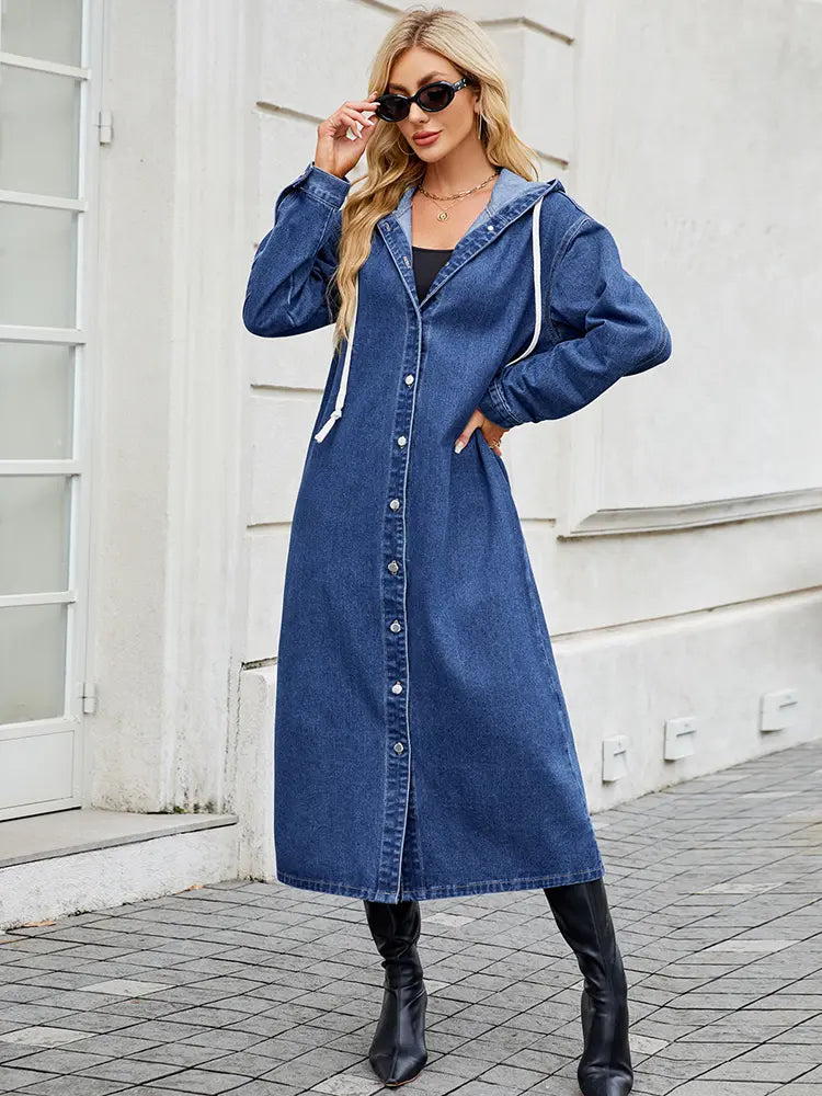 Lightweight Denim Jacket with Hood and Button Closure