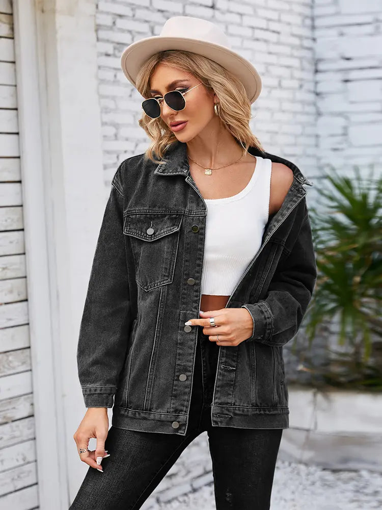 Oversized, Mid-Length Denim Jacket with Button Closure