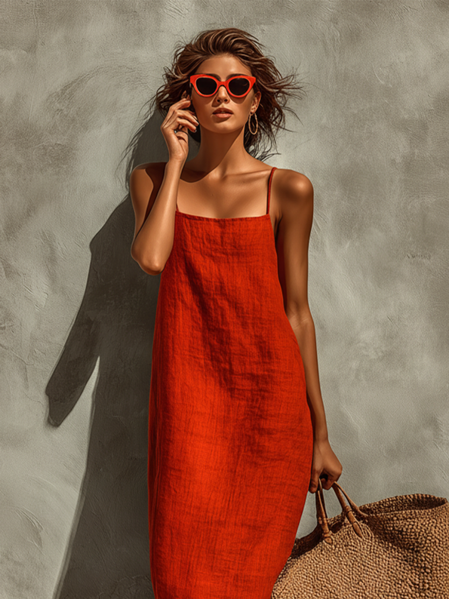 Modern Red Cotton Square Neck Spaghetti Strap Dress
