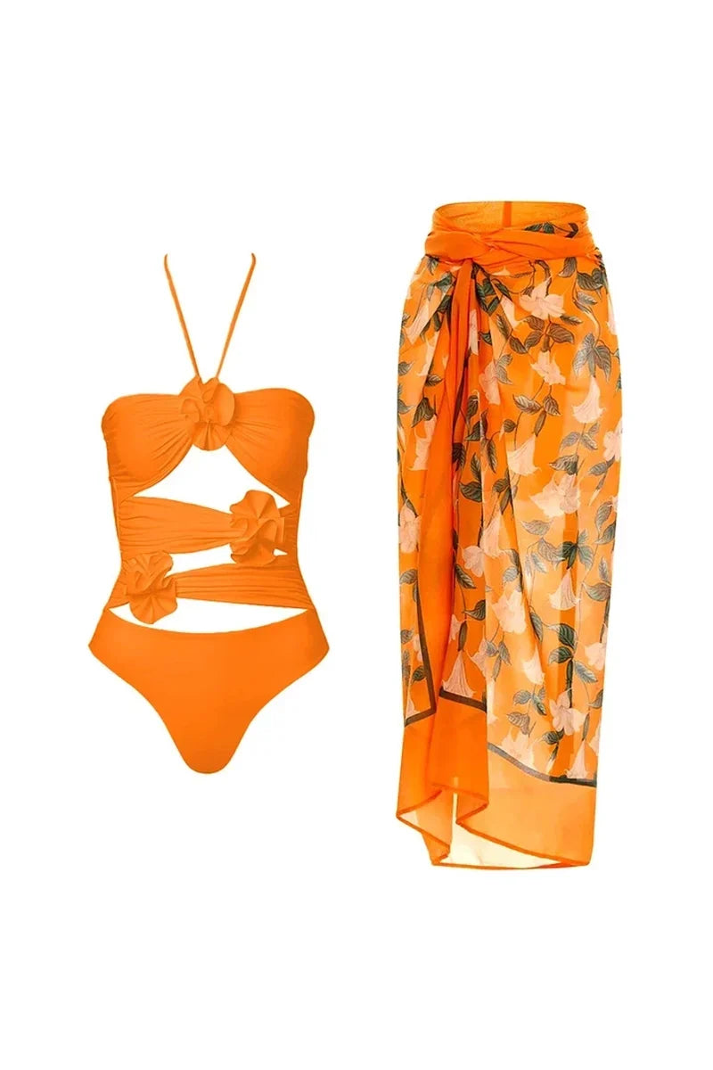 Halter 3D Flower Open-Back One Piece Swimsuit