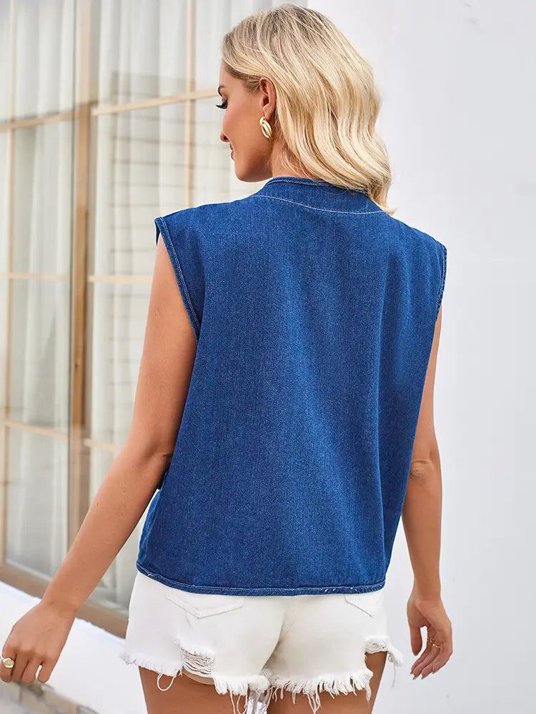 Lightweight Denim Vest, Collarless, with Button Closure