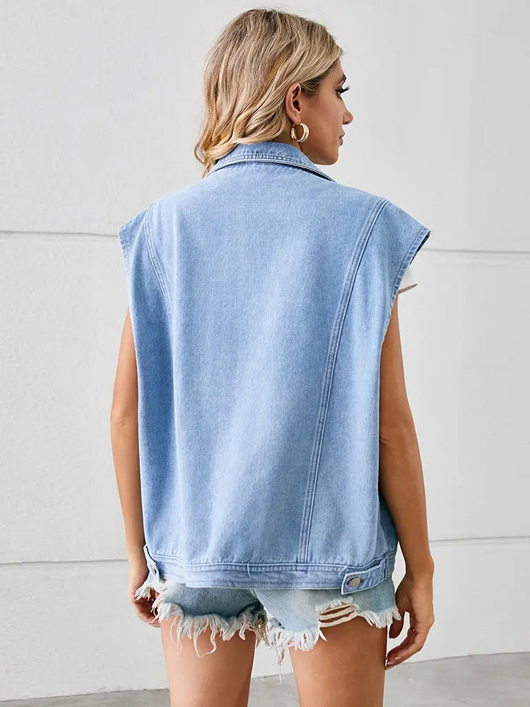 Denim Vest in a Washed Look with Button Closure and Relaxed Fit
