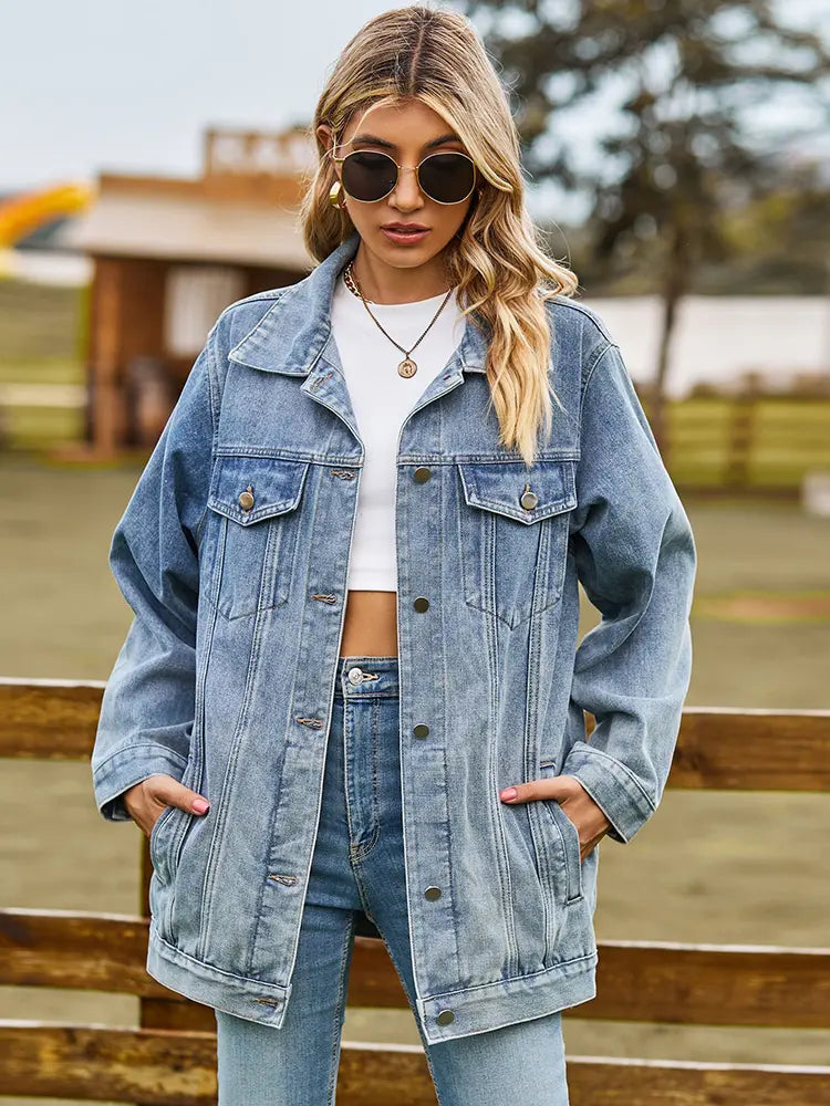 Denim Jacket with Button Closure, Pockets and Relaxed Fit