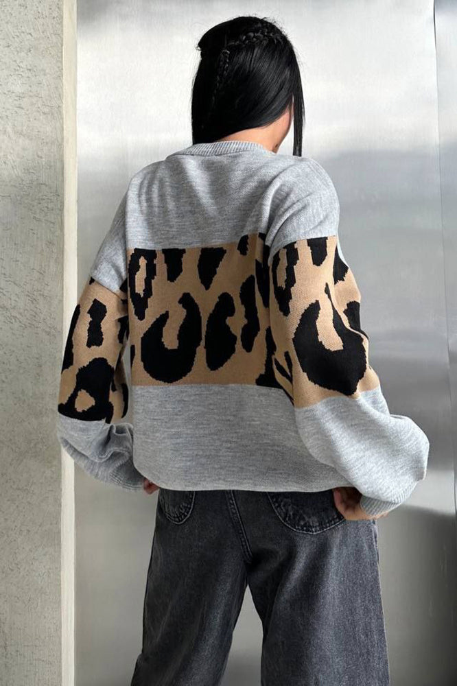 Retro Leopard Print Color-Block Knit Sweater