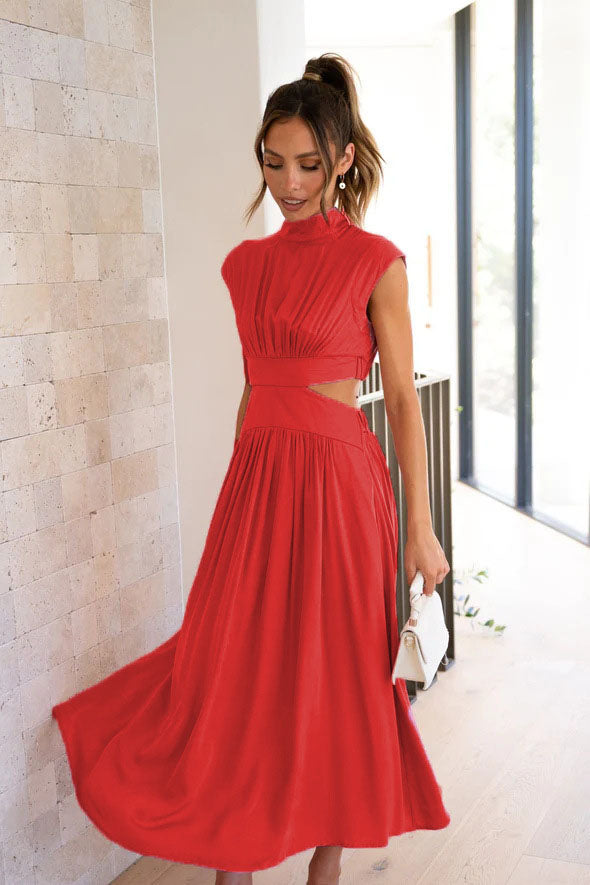 Cut-Out Waist Pocketed Vacation Midi-Length Dress