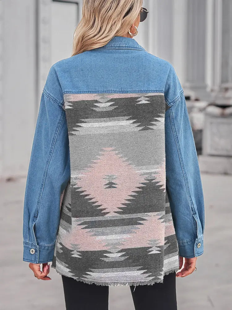 Coat with Patchwork, Geometric Pattern and Button Closure