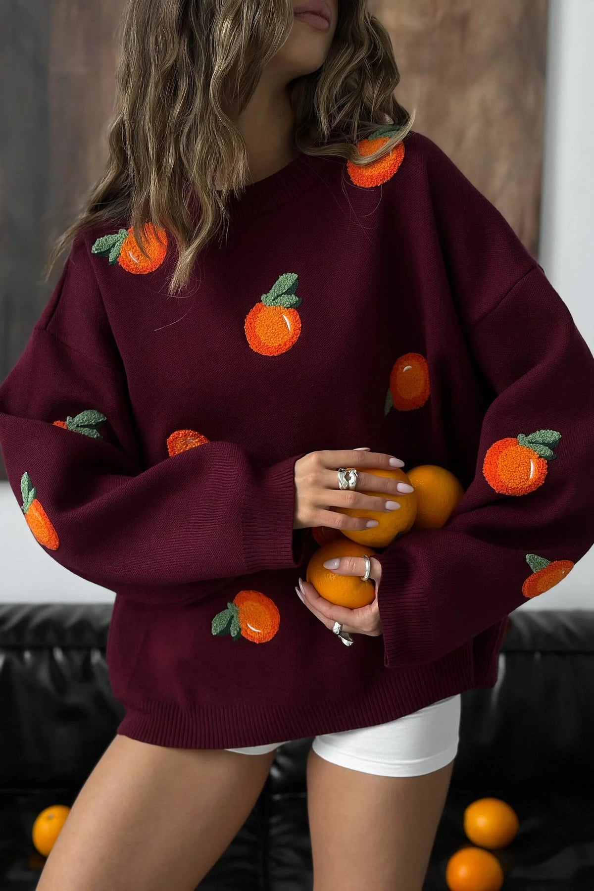 Modern Girls' Orange Flocked Knit Sweater