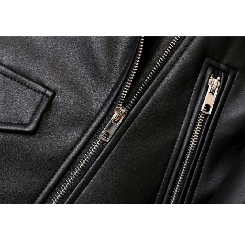 Leather Biker Jacket with Zippers and Belt