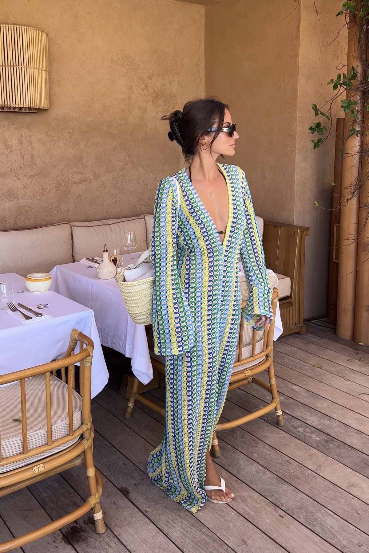 Boho V-Neck Bell Sleeve Wavy Striped Crochet Beach Vacation Maxi-Length Dress