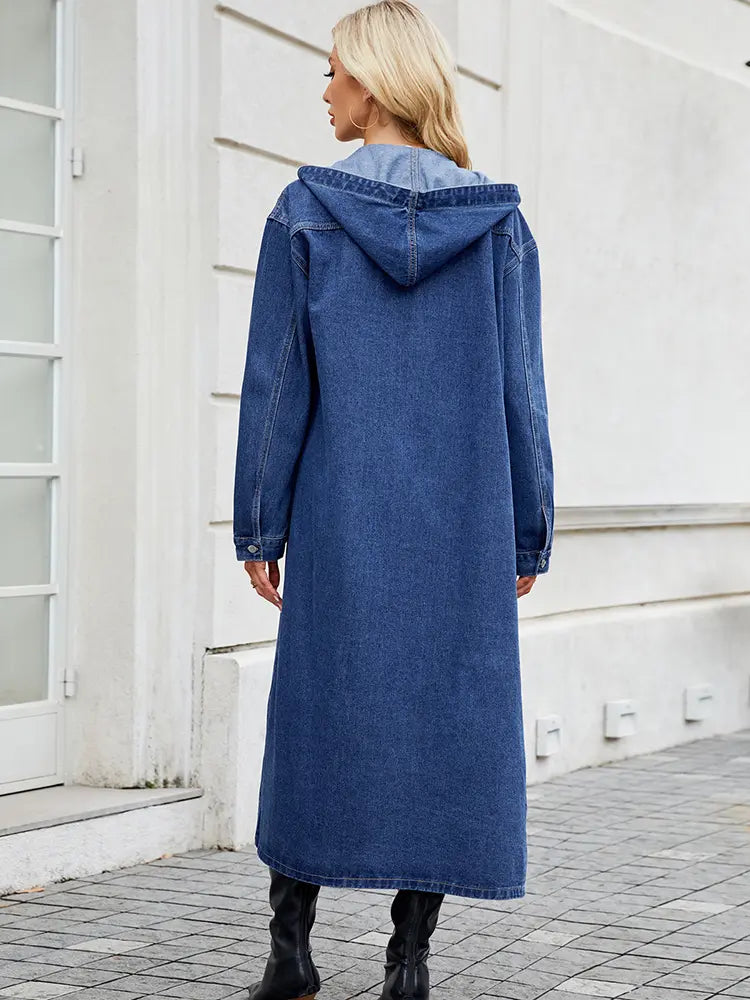 Lightweight Denim Jacket with Hood and Button Closure
