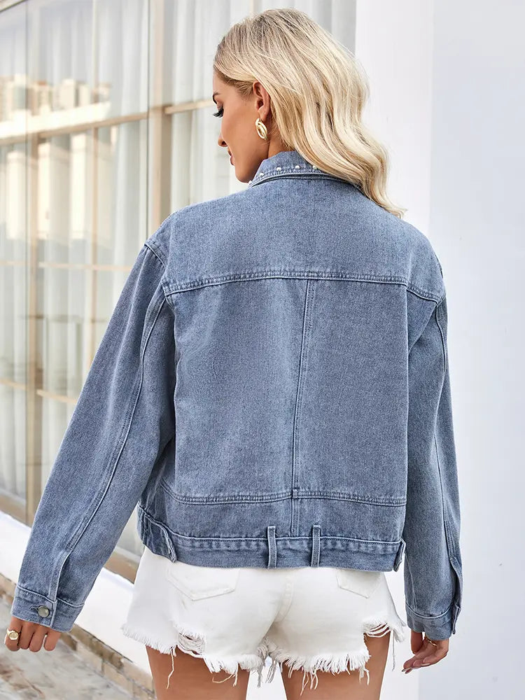 Oversized Denim Jacket with Studs and Button Closure