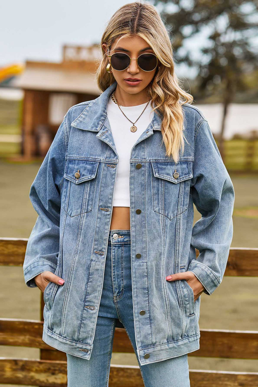 Modern Washed Leopard Print Denim Jacket-Blue