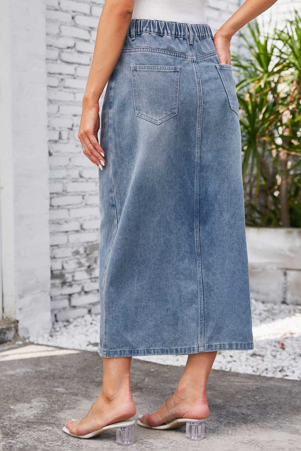 Modern Washed Elastic Waist Denim Midi Skirt