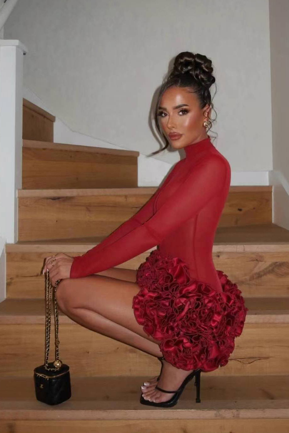 Red 3D Flower Hem Sexy Lace-Up Off-Shoulder Mini-Length Dress