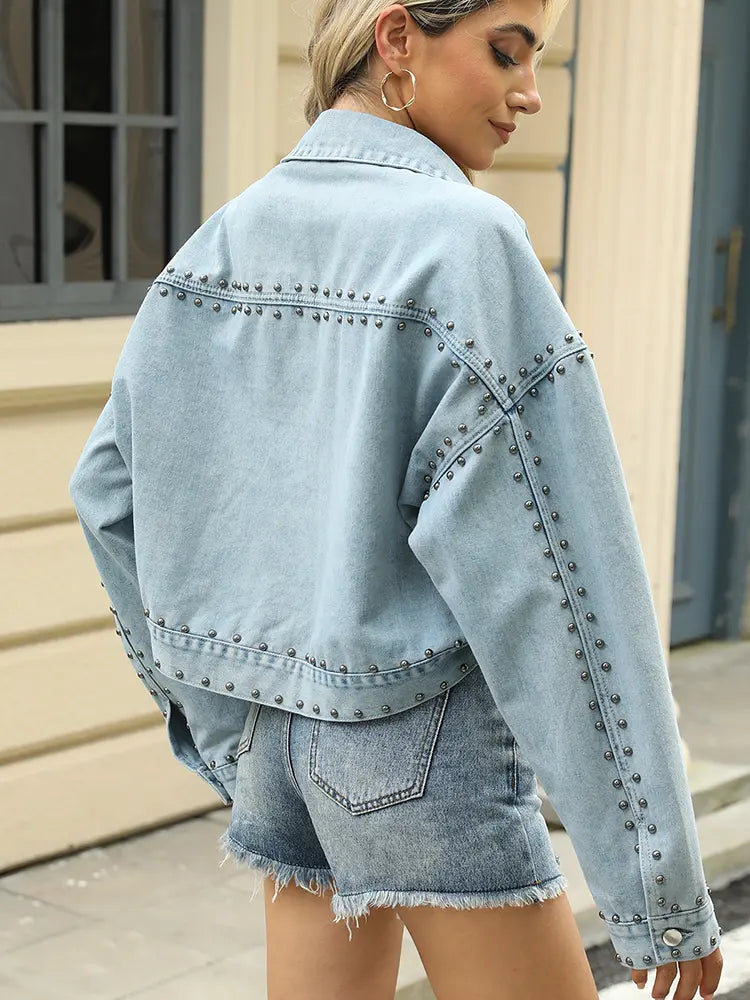 Denim Jacket in a Washed Look with Studs and Button Closure