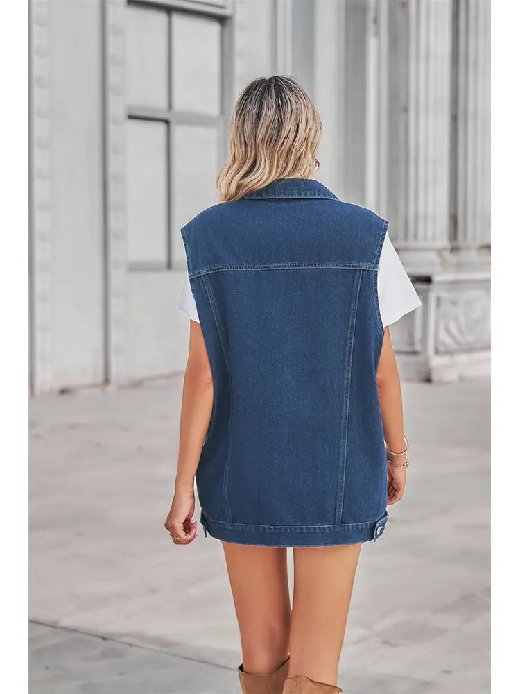 Denim Vest with Patchwork, Geometric Pattern and Button Closure