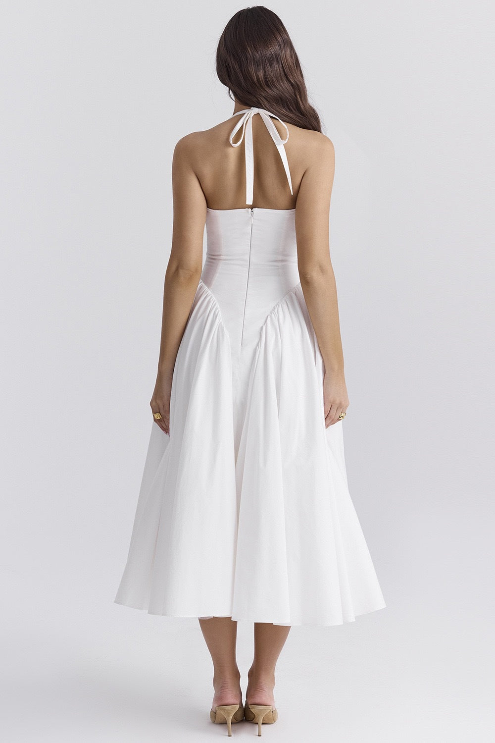 Modern White Cotton Halter Midi Sundress