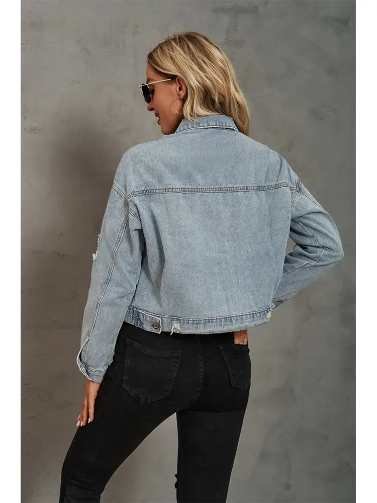 Washed Denim Jacket with Leopard Print and Patchwork