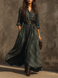 Retro Plaid Cotton-blend Single-breasted Maxi-Length Dress With Belt