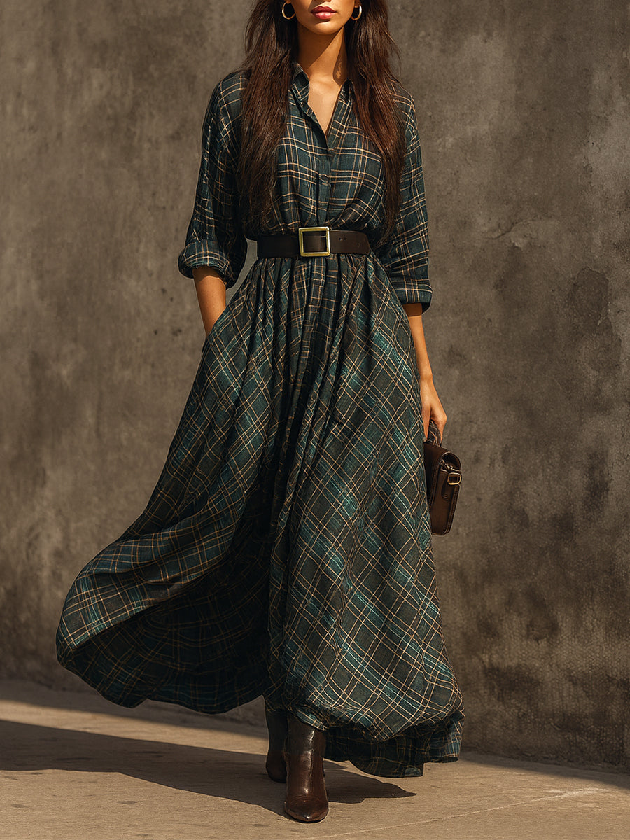 Retro Plaid Cotton-blend Single-breasted Maxi-Length Dress With Belt