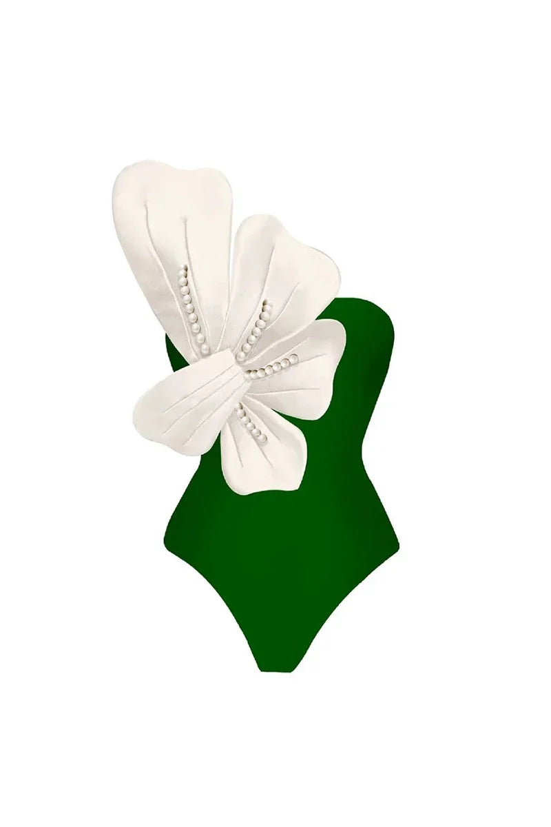 Green Swimwear Set Pearl Flower Embellishments