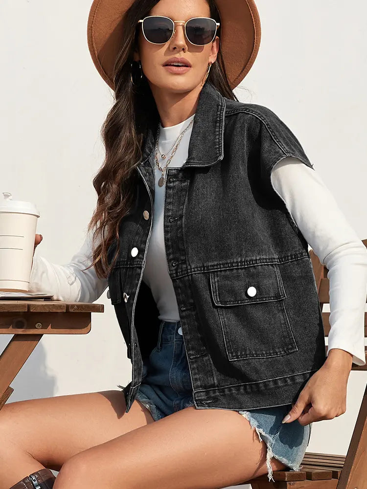 Washed, Lightweight Denim Vest with Fitted Cut and Button Closure