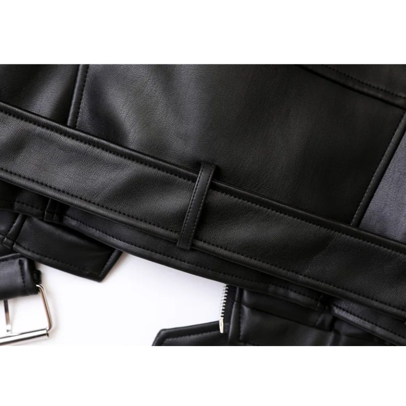 Leather Biker Jacket with Zippers and Belt